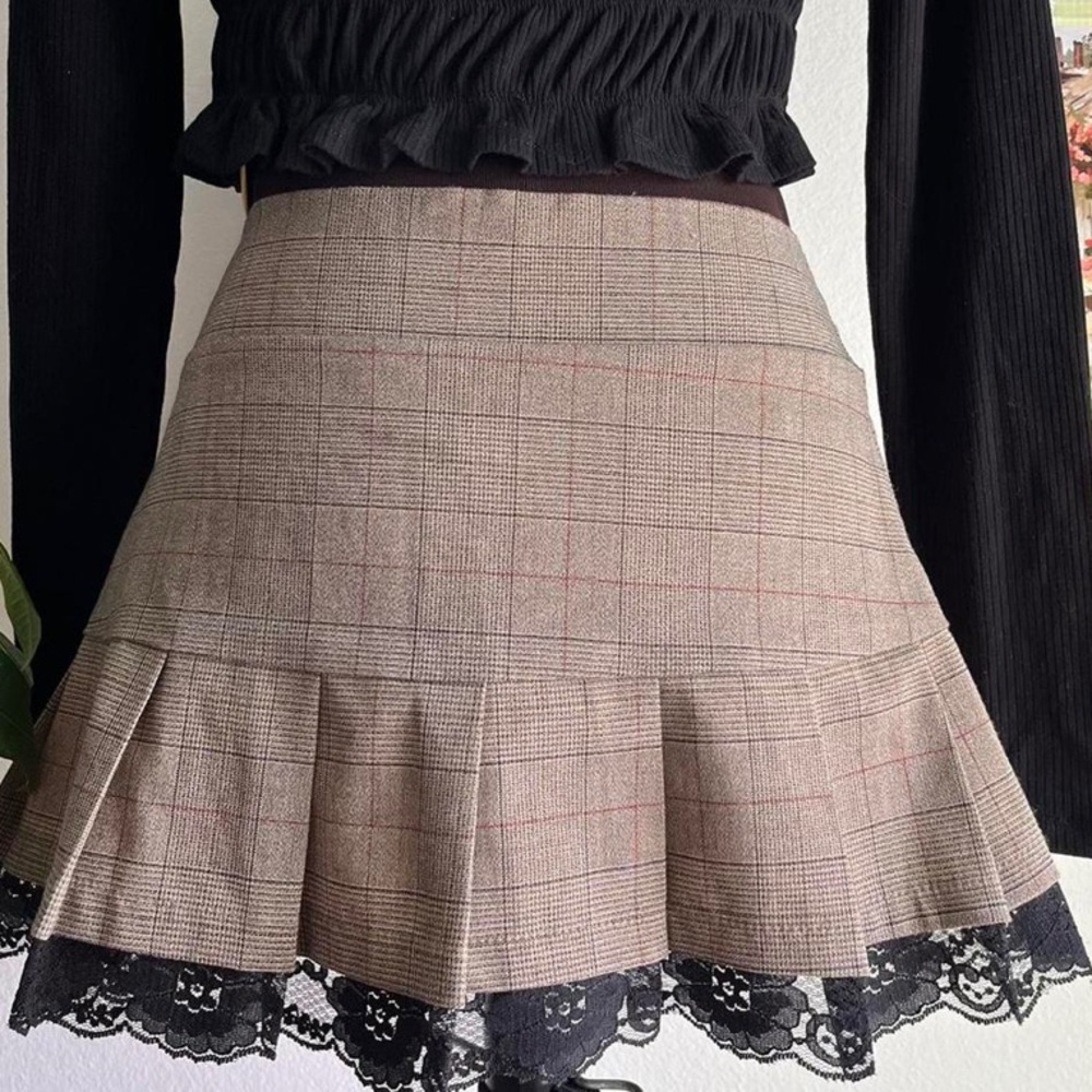 Plaid Pleated Skirt with Lace Trim